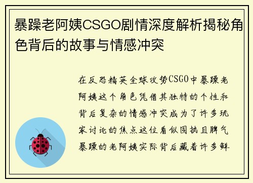 暴躁老阿姨CSGO剧情深度解析揭秘角色背后的故事与情感冲突