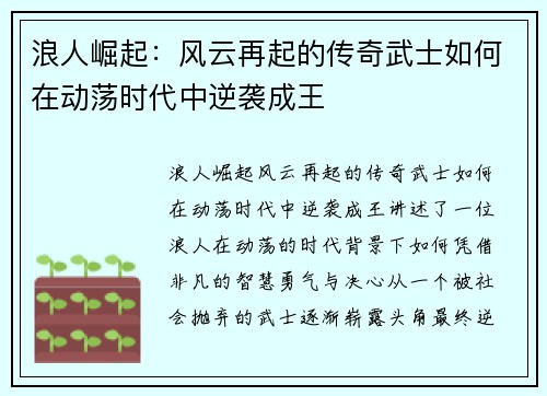 浪人崛起:风云再起的传奇武士如何在动荡时代中逆袭成王 浪人崛起:风云再起的传奇武士如何在动荡时代中逆袭成王